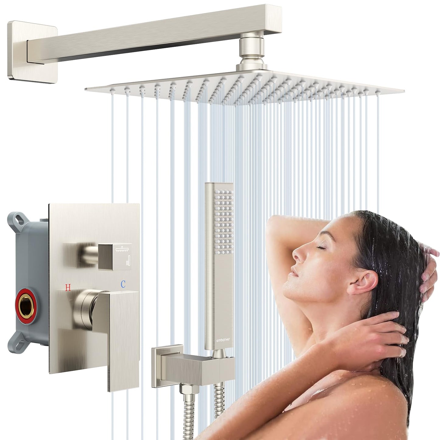 Rain Shower System Sets Faucet: EMBATHER 10 Inch Overhead Rainhead Shower Combo Set With Handheld And Valve-Luxury Modern Mixer Rainfall Brushed Nickel Shower Faucets Sets Complete
