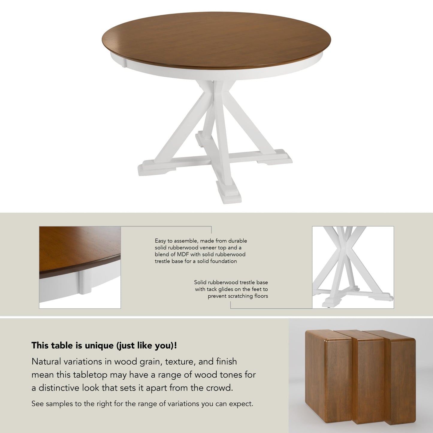 Bush Home Round Dining Table, 45 inch Trestle Design, Modern Transitional, West End Collection, Dark Brown and White