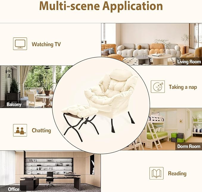 Youtanic Lazy Chair with Folding Ottoman, Accent Chair Velvet Upholstered with Metal Structure and Non-Slip Pads, Sofa Armchair with Footrest and Side Storage Bag for Dorm, Room, Office, Beige