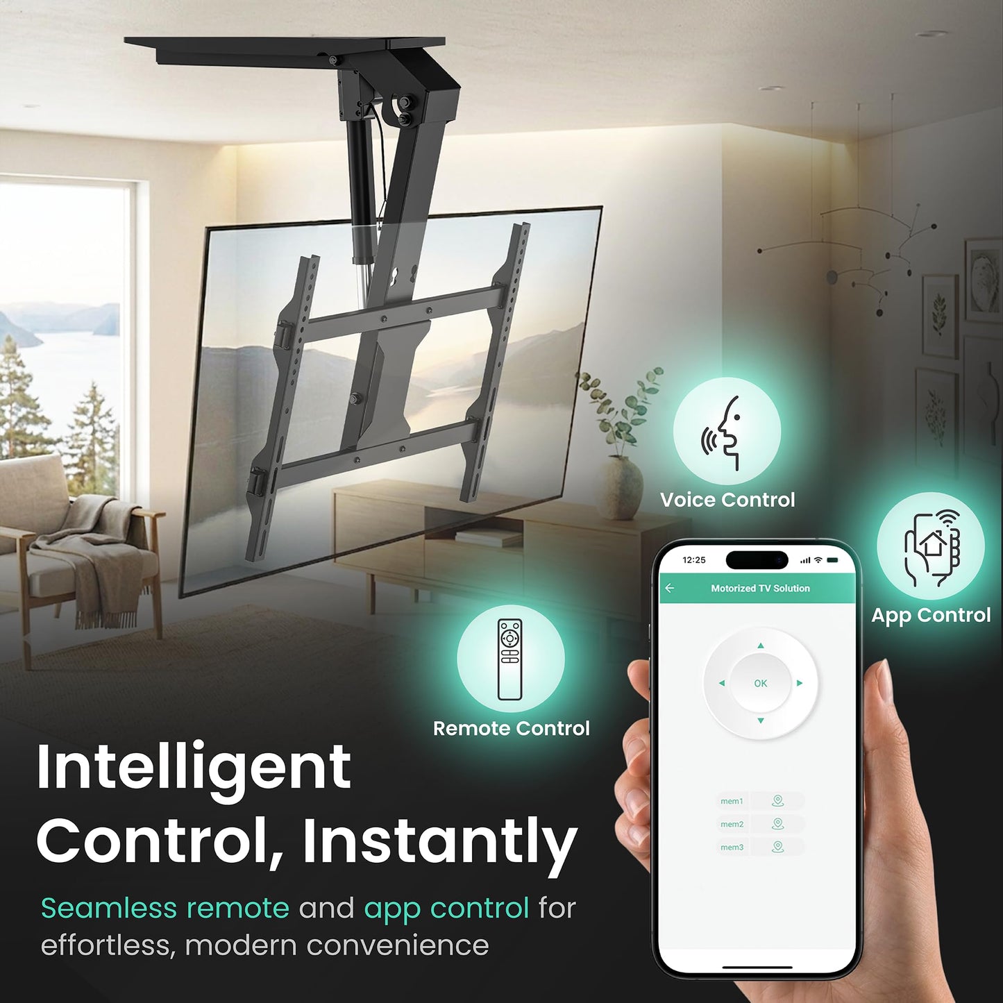 ynVISION.DESIGN Motorized Electric Ceiling TV Mount with Remote for 37-75 Inch TVs - Smart TV Flip Down Ceiling Mount with Cable Management -Max VESA 600x400 - 99 lbs, Voice/App Controlled, 0-80° Tilt