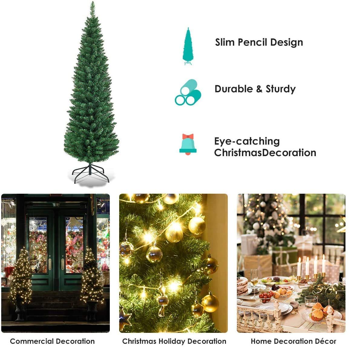 Giantex, Green Artificial Pencil Christmas, Premium Hinged Pine Tree with Solid Metal Legs, Perfect for Home, Shops and Holiday Decoration, (5FT) (Artificial Pencil Christmas Tree)