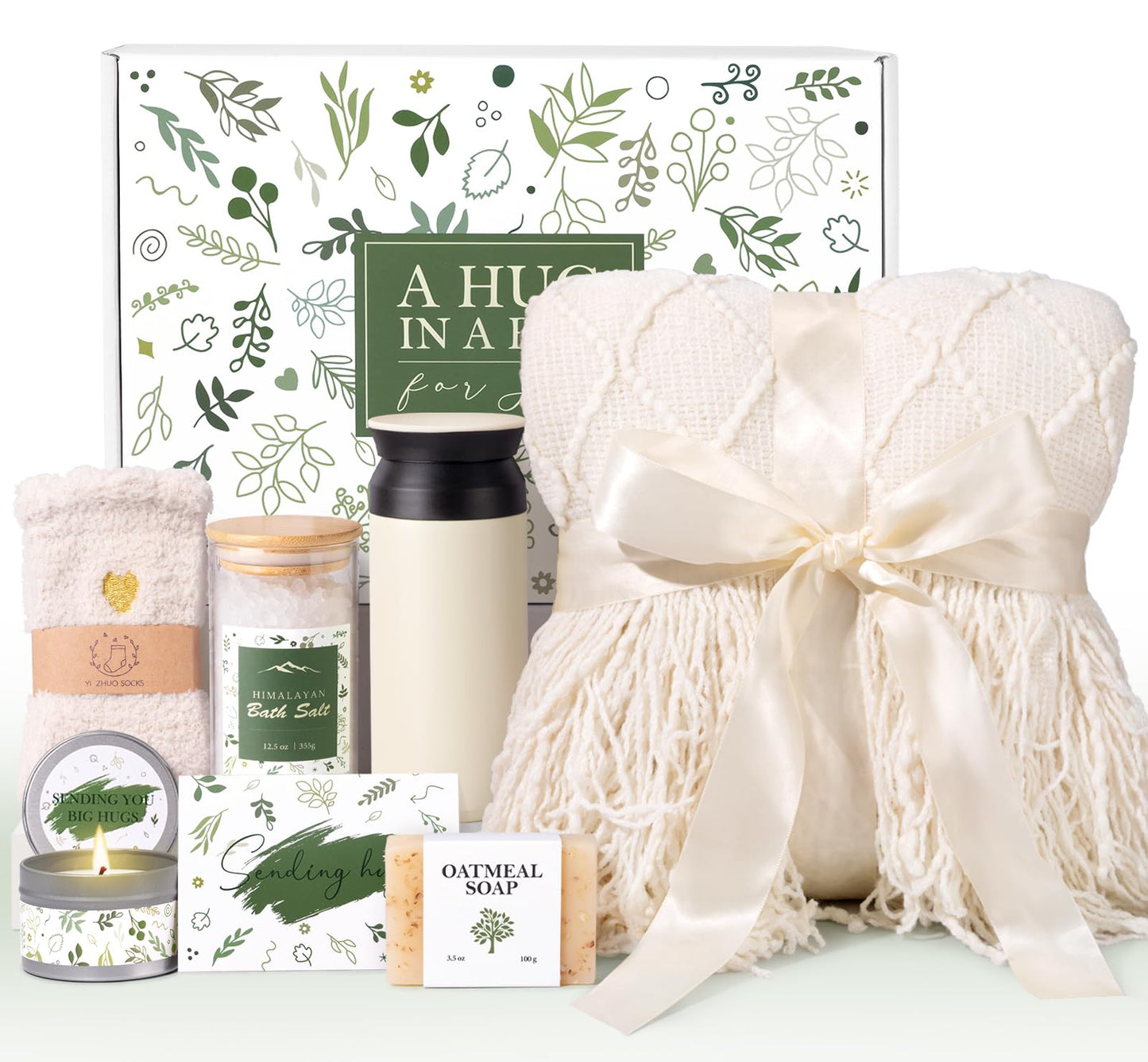 Self Care Gifts for Women, Get Well Gifts for Women, Sympathy Gift Baskets, Get Well Soon Care Package, Encouragement Inspirational Gift Baskets, Sending Hug (Ivory)