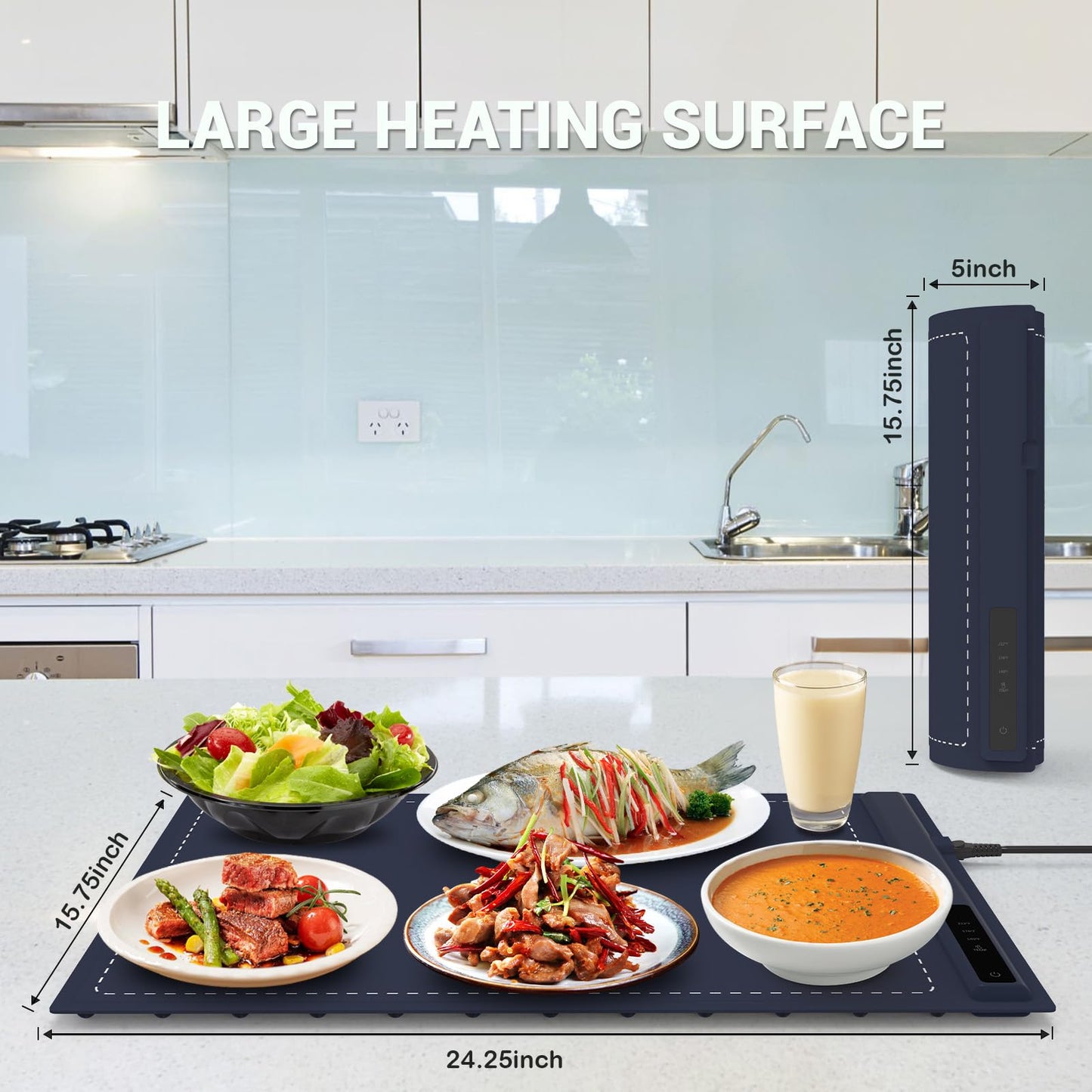 Electric Warming Tray - 3 Modes &Full Surface Heating,Rollable & Portable,Premium Silicone Nano-Material,3 Temperature Settings,Auto Shut-Off -Versatile Food Warmer for Gatherings,Parties (Dark Blue)