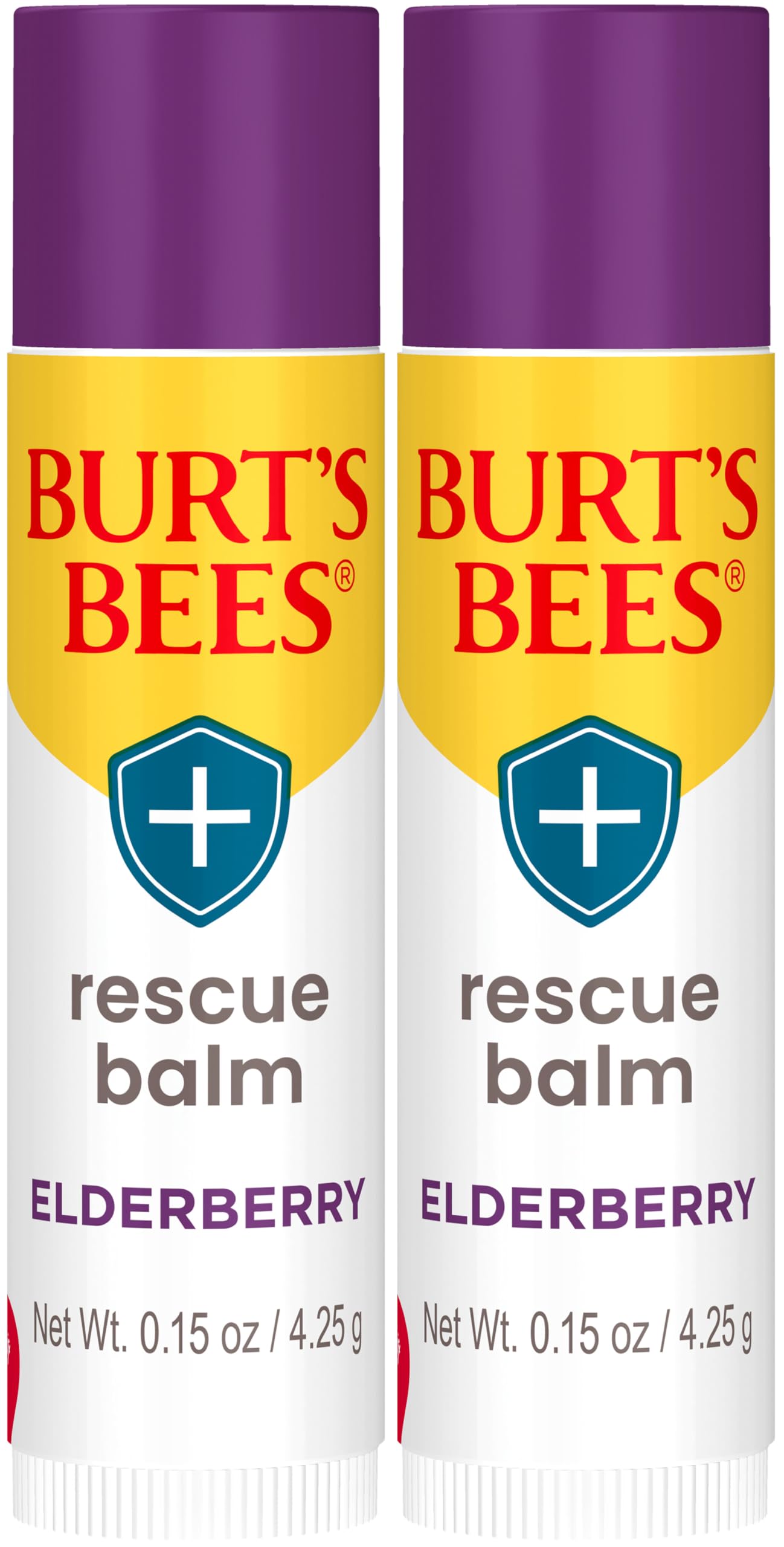 Burt's Bees Rescue Balm Elderberry Lip Balm, With Antioxidant-Rich Elderberry, Tint-Free, Natural Origin Lip Care, 2 Tubes, 0.15