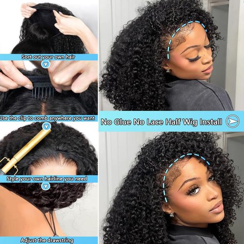 Curly Half Wig 200% Density Kinky Curly Half Wig 3 In 1 Seamless Flip Over Glueless Wigs Human Hair with Drawstring Beginner Friendly Curly Wig Headband Wig for Women Daily Wear