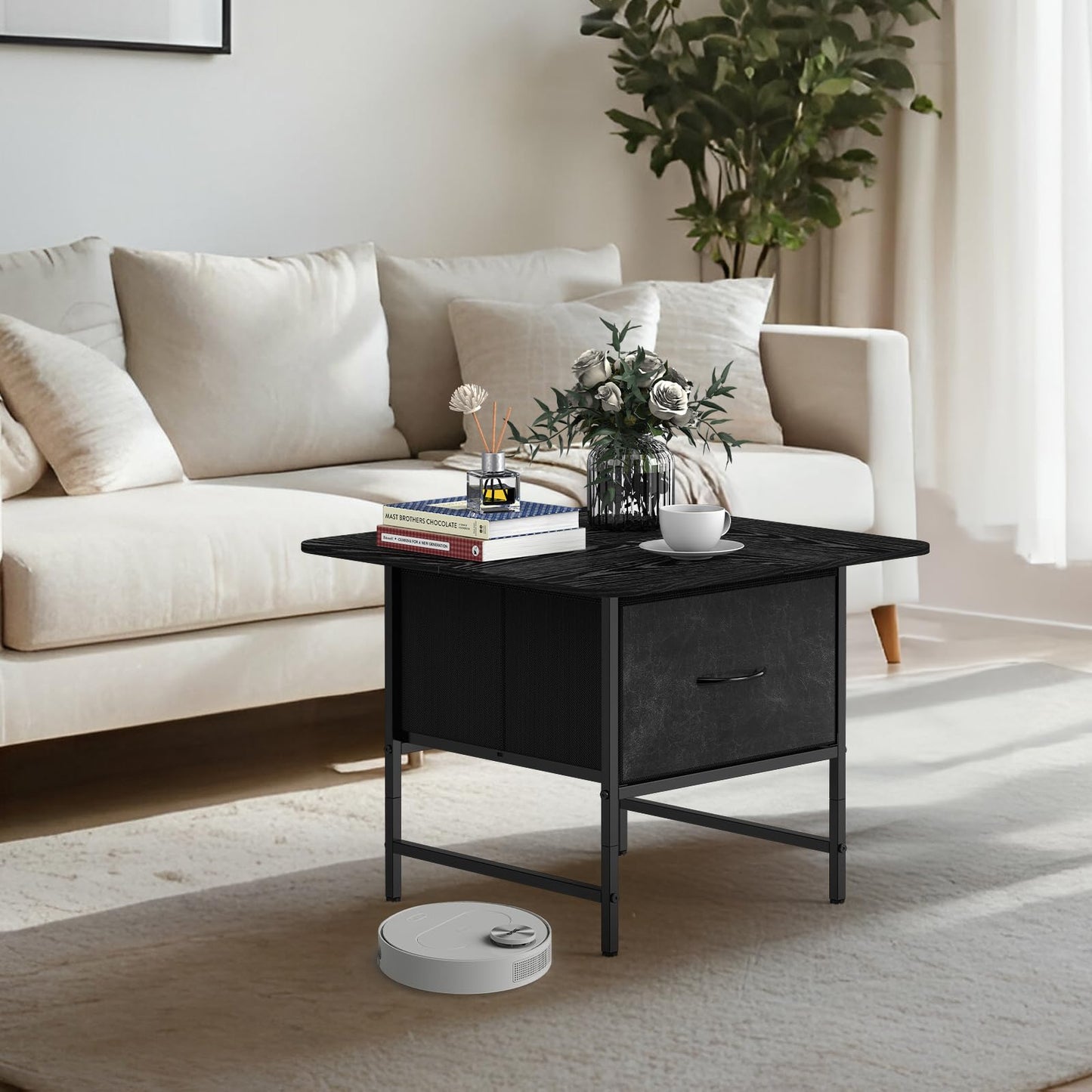 Shinoske Square Coffee Table with Storage Drawer,Small Black Coffee Tables for Living Room,2-Tier Farmhouse Center Table with Round Corners for Small Space,Apartment,Office