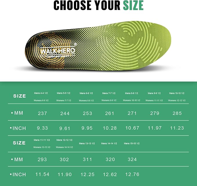 WalkHero Plantar Fasciitis Insoles - Medium Arch Support Inserts for Men & Women with Comfort Cushion | Orthotic Inserts to Relieve Foot Pain and Provide Shock Absorption (Green) Mens 4-4 1/2
