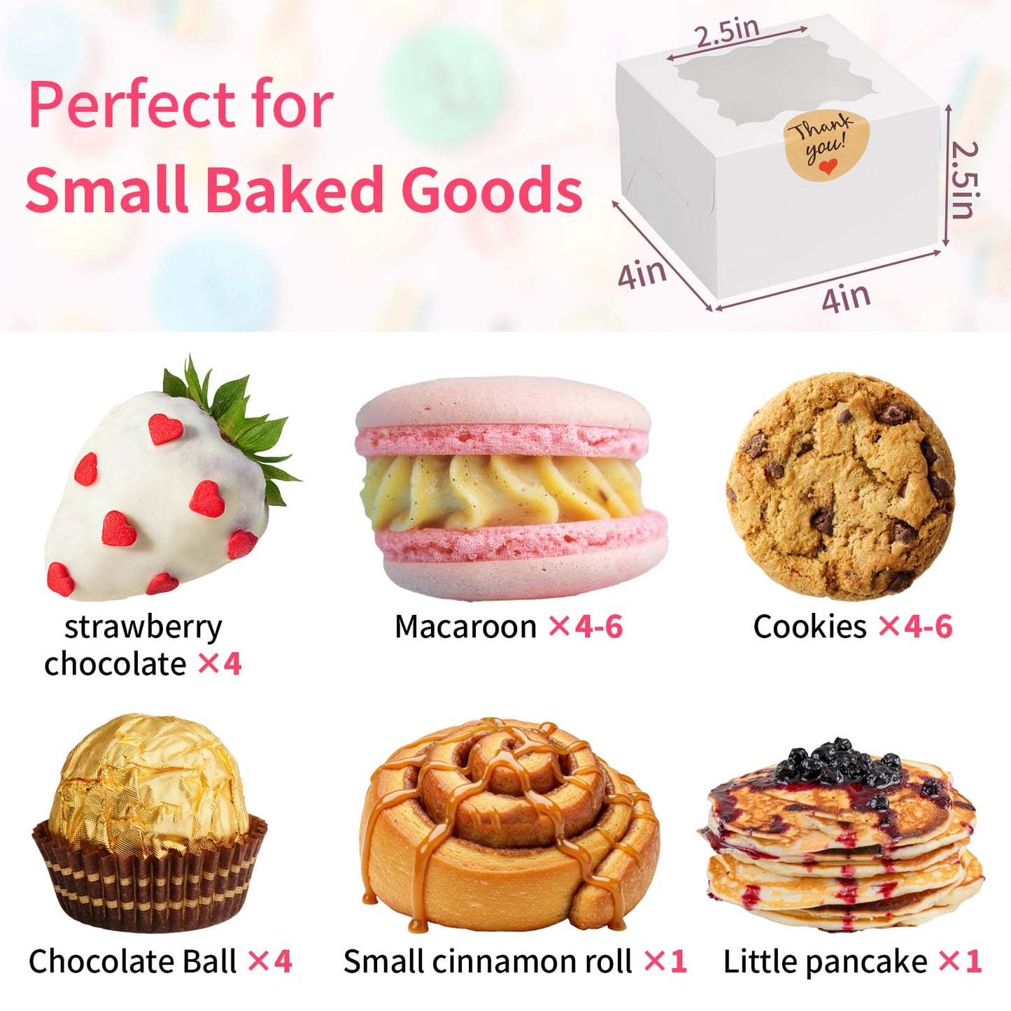 WINKIO 24pcs White Cookie Boxes, 4x4x2.5 Inches Bakery Boxes with Window, for Mini Cake Treat Dessert Pastry Donuts Macaroon Strawberries Chocolate Candy (with Stickers)