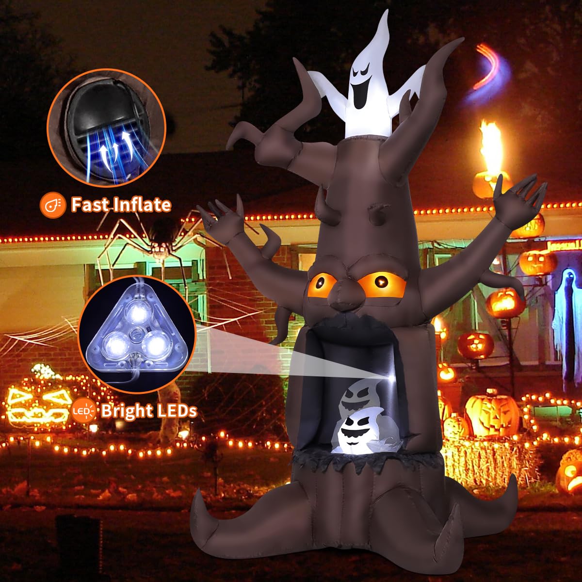 GOOSH 9 FT Halloween Inflatable Animated Dead Tree Outdoor Decorations Blow Up Yard Scary Tree and White Ghost with Built-in LEDs for Outdoor Garden Lawn Party Decor (Tree Ghost)