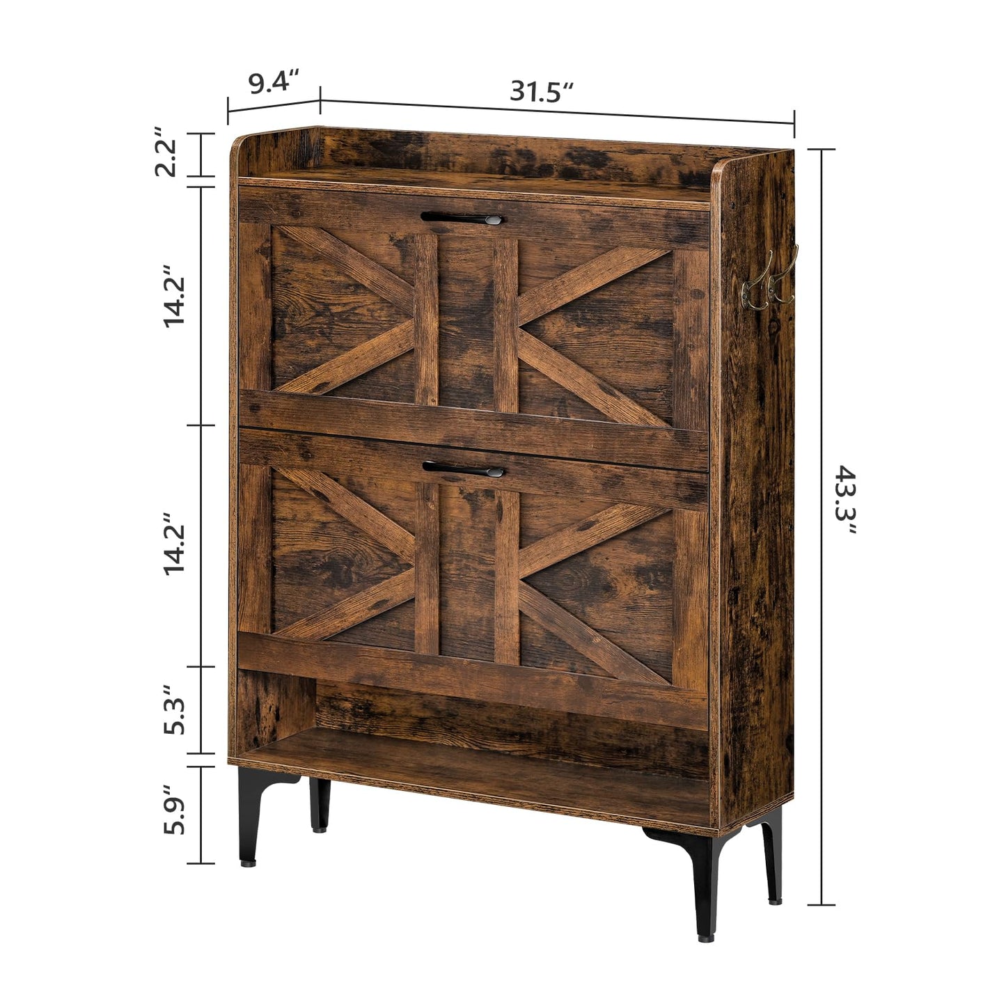 MAHANCRIS Shoe Storage Cabinet, Shoe Organizer with 2 Flip Drawers, Hidden Shoe Storage for Entryway, Freestanding Organizer with Open Storages, Rustic Brown SHHR9401N1