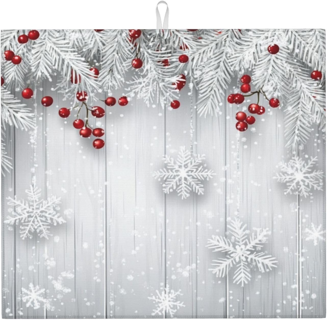 Dish Drying Mat Snowflake Winter White Berry Absorbent Microfiber Non Slip Quick Dry Heat Resistant Holiday Decorative Kitchen Counter Mat for Plates Cups Glasses 16x18 Inch