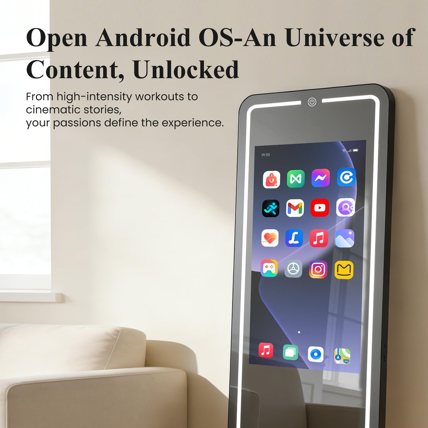 Smart Fitness Mirror for Home Gym Workout, 32" Touchscreen & Open System, No Subscription Fees, Support Fitness Apps, Wall Mount & Free Standing, Can be Used with Home Workout Equipment