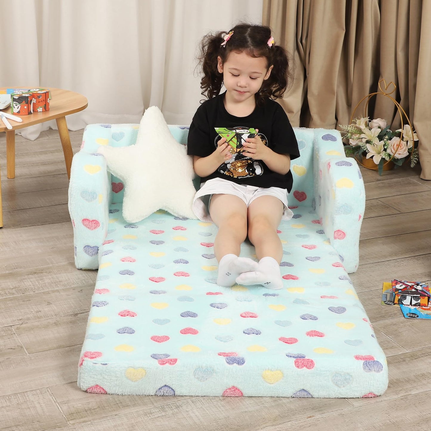 MOMCAYWEX Extra Wider Seating Toddler Couch, 2-in-1 Toddler Soft Couch Fold Out with Star Pillow, Convertible Sofa to Lounger for Girls and Boys
