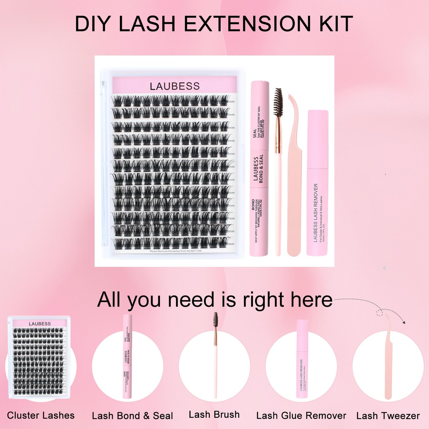 Lash Extension Kit LAUBESS Lash Clusters Kit Cluster Eyelash Extensions Kit Eyelash Clusters Lash Bond and Seal Waterproof Tweez