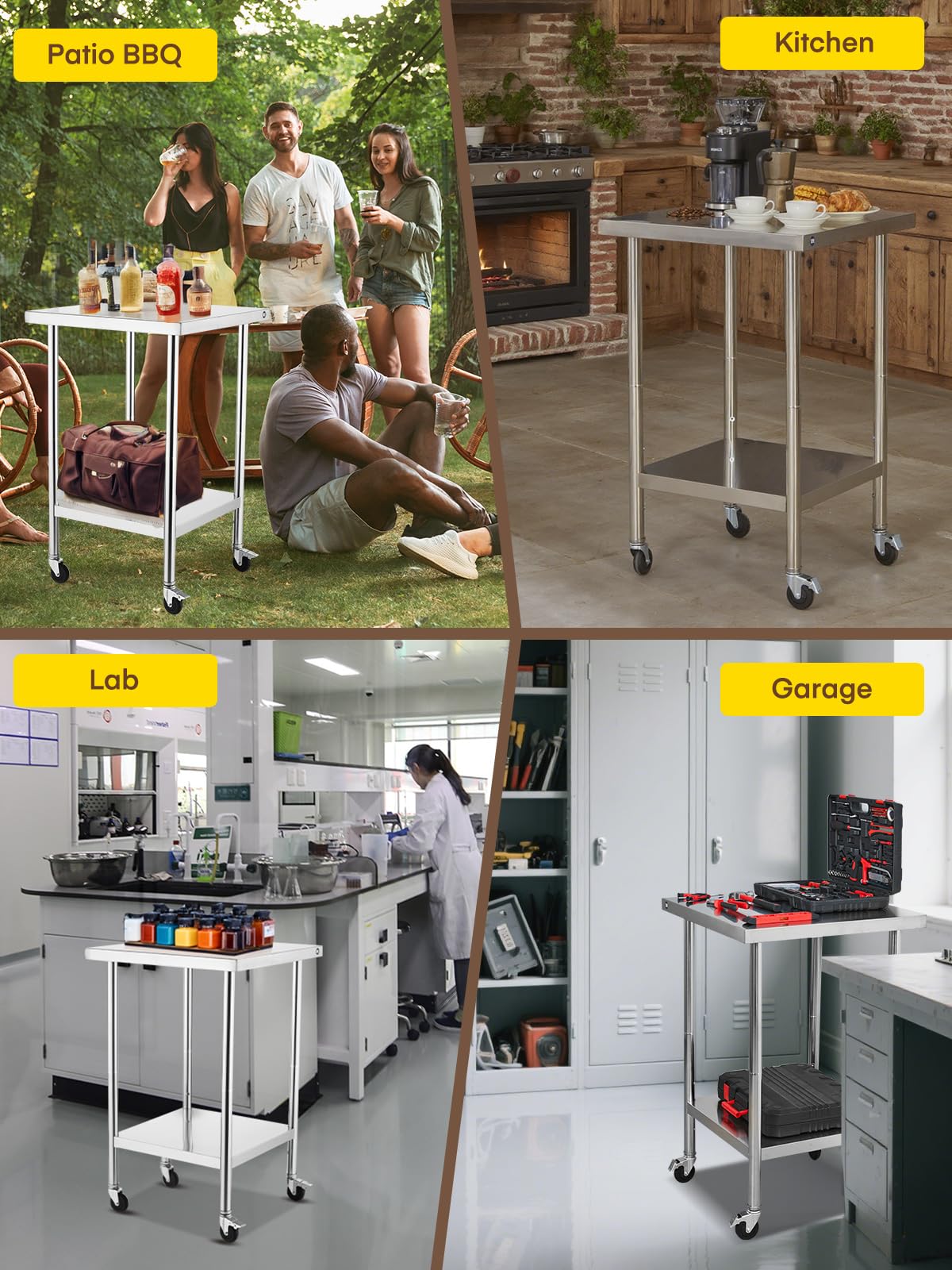 FOHERE Stainless Steel Table, Prep Table W/4 Caster Wheels, 400 LBS Load Capacity，NSF Commercial for Restaurant, Home and Hotel (24×24 in)