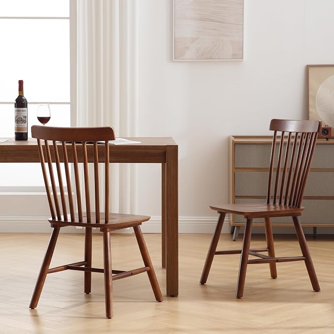LZAREAL Windsor Dining Chairs Farmhouse Dining Chairs Set of 4 Modern Wood Kitchen Chairs Mid Century French Country Spindle Chair for Dinning Room Kitchen Restaurant Bar Canteen Library, Walnut