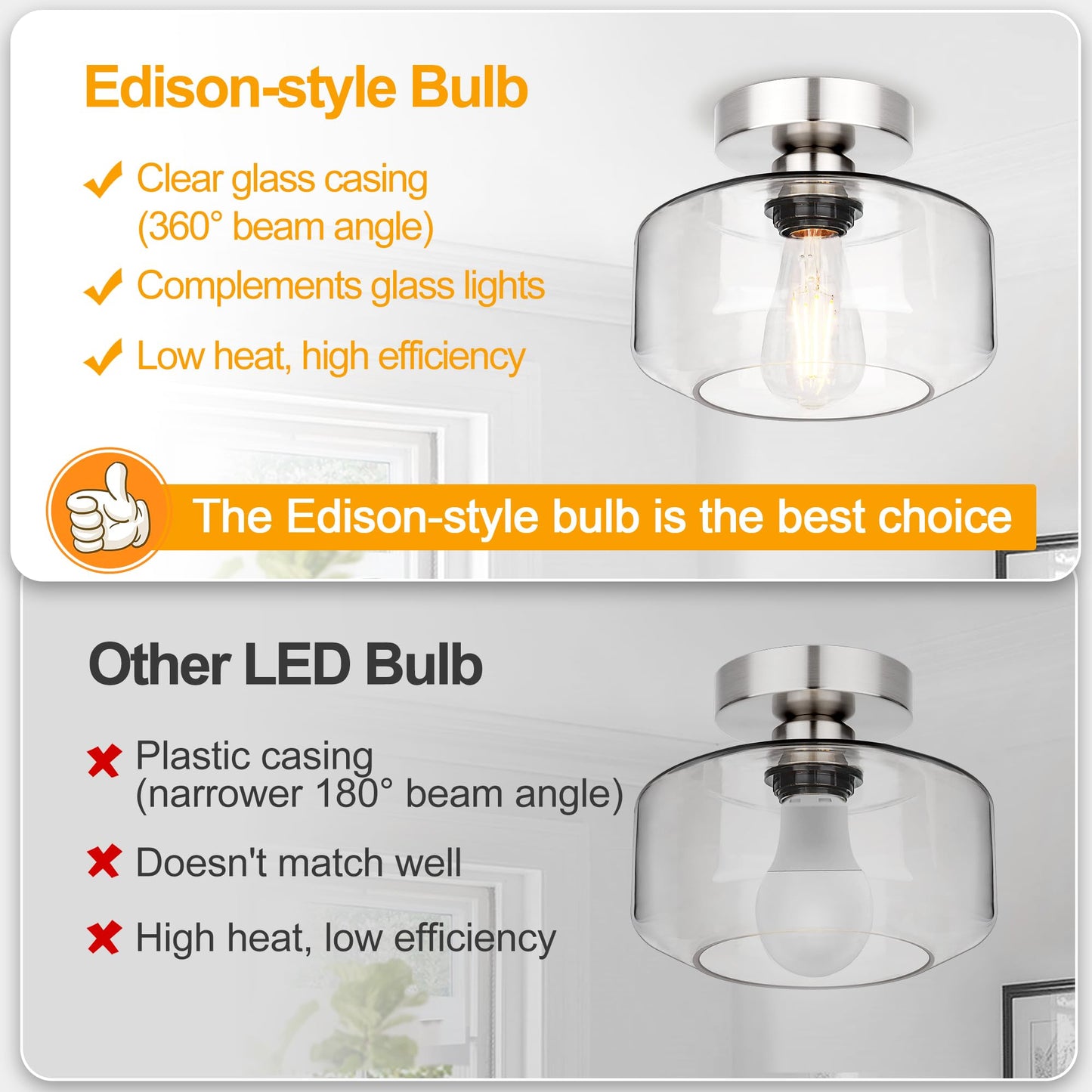Industrial Semi Flush Mount Ceiling Light Brushed Nickel, 800 Lumen LED Bulb Included, Clear Glass Shade Ceiling Light Fixture, Farmhouse Light Fixture for Hallway Corridor Kitchen Bathroom Bedroom