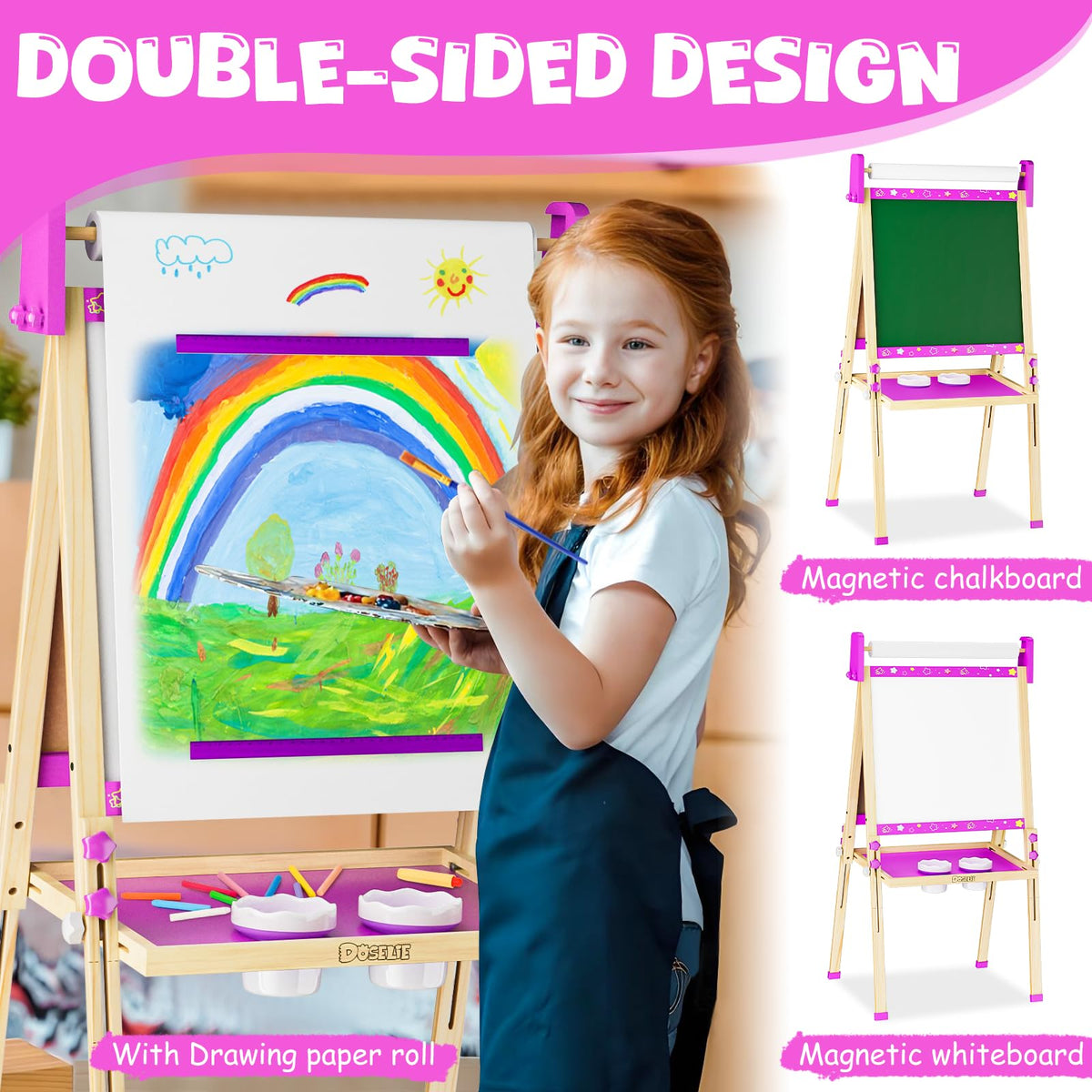 Easel for Kids Toys,Toddler Art Easel with Art Supplies, Height Adjustable Double-Sided Magnetic Dry Eraser Whiteboard and Chalk Board with Paper Roll,2 3 4 5 6 7 8 9 10 Year Old Girl Birthday Gifts