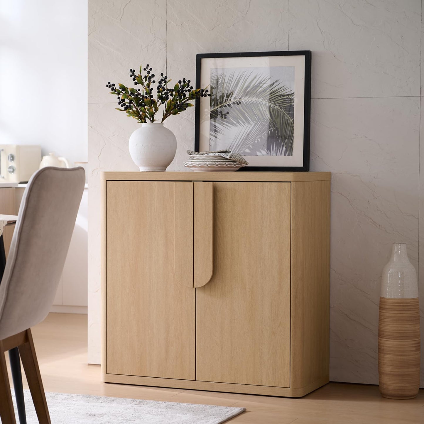 NOWABAY 34'' Sideboard Buffet Cabinet W/Storage, Modern Accent Cabinets W/Curved Handles & Adjustable Shelves, 4 Doors Coffee Bar Buffet Table Credenza for Living Room Kitchen Hallway, Natural