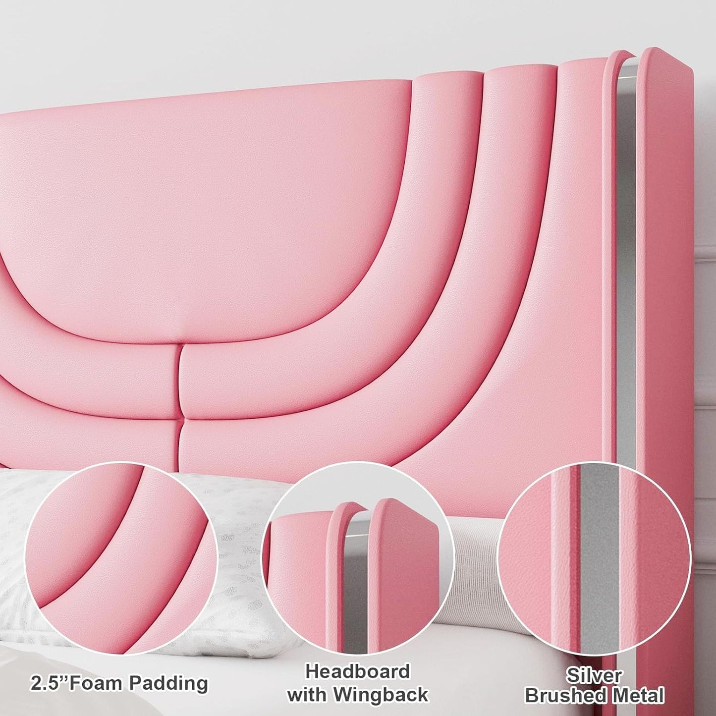 REVOMINCA Pink Twin Bed Frame with LED Lights, Faux Leather Upholstered Platform with Silver Wingback Headboard, Modern Style, No Box Spring Needed, Easy Assembly
