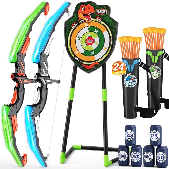 HYES 2 Pack Bow and Arrow for Kids, LED Light Up Archery Set with 24 Suction Cup Arrows, 1 Standing Target, 6 Score Target...