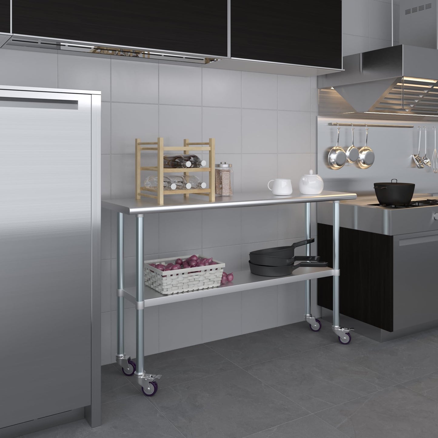 AmGood 18 in. x 60 in. Stainless Steel Work Table with Wheels | Metal Kitchen Food Prep Table | NSF