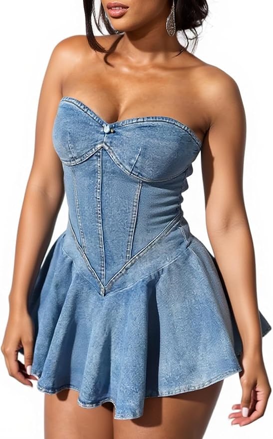 SHINFY Womens Summer Denim Dress Sexy Off Shoulder Strapless Bustier Corset Tube Pleated Mini Jean Dresses
