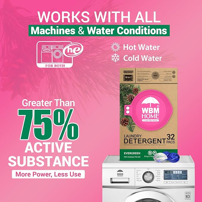 WBM Laundry Detergent Pods - Ultra-Concentrated, Hypoallergenic, Stain-Fighting, Evergreen Scent, 32-Pack, Recyclable Packaging for Eco-Friendly Cleaning