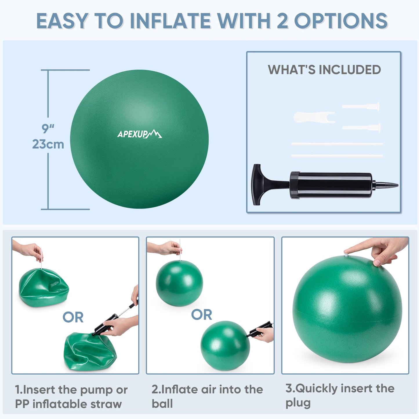 APEXUP Yoga Ball Exercise Ball, Heavy Duty Pilates Ball for Fitness, Balance, Core Workout, Physical Therapy (XXS (9") 23cm, Dark Green)