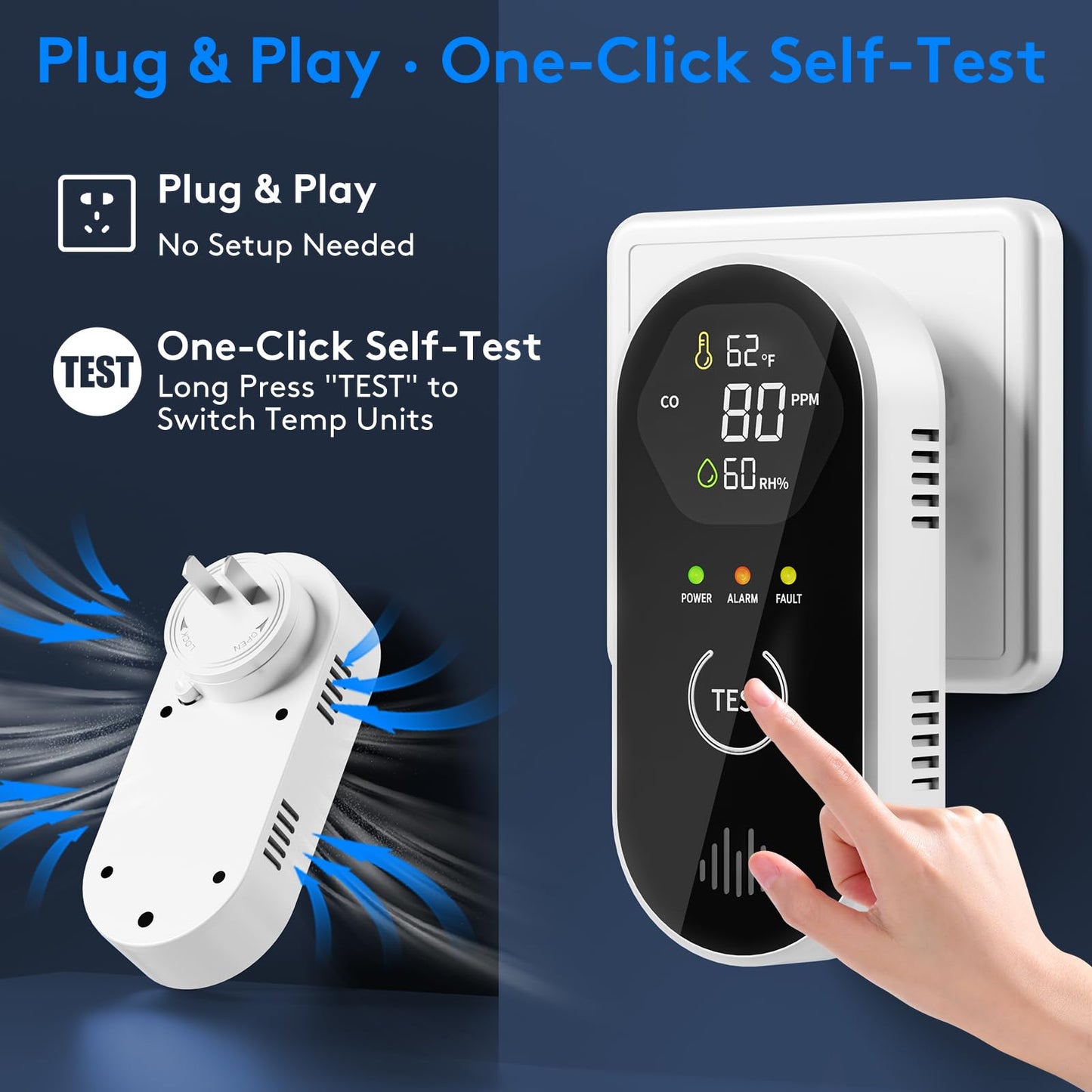 3-in-1 Carbon Monoxide Detectors with Temp & Humid, Plug in, 85dB Audible & Visual CO Alarm, LCD Digital Display, Easy to Install,Test Button, Portable for Bedroom/Office/Camper, Gives Peace of Mind