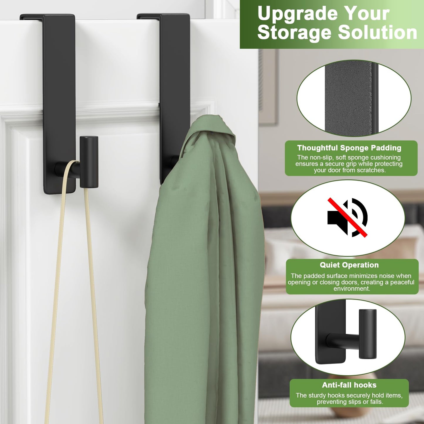 VINHOLD Heavy Duty Stainless Steel Over-Door Hook for Coats, Totes, Towels – Easy Install Door Hooks with Non-Slip Pads for Bedroom Bathroom Entryway Office (Black, 2 Pack, Fits 1-3/4" Thick Door)