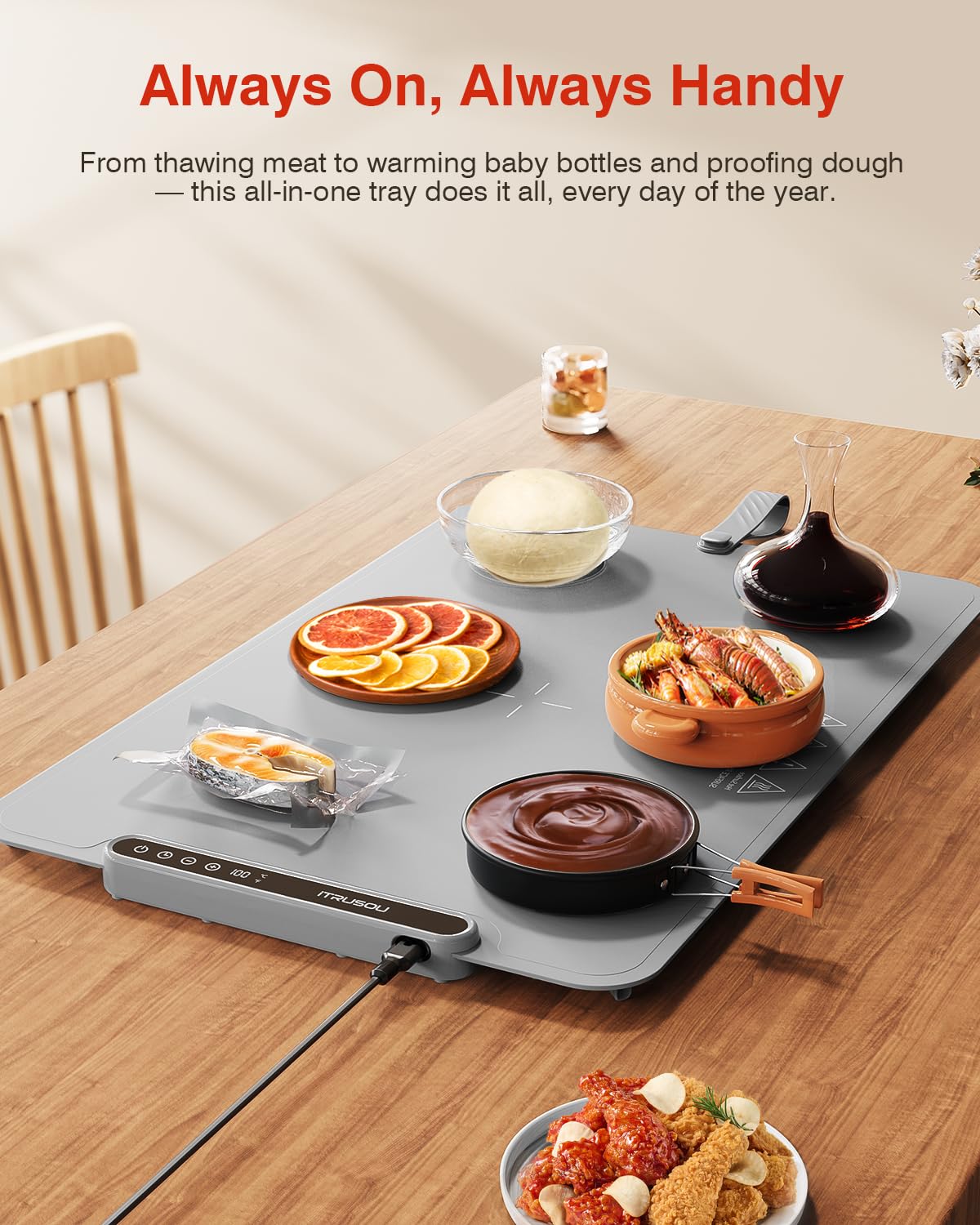 Warming Mat for Food, iTRUSOU Electric Warming Tray 99H Continuous Heat,7 Temp Settings,Patented Full-Surface Heating,°F/°C Switch,Flexible Roll-Up Food Warmers for Parties Buffet,Everyday Use