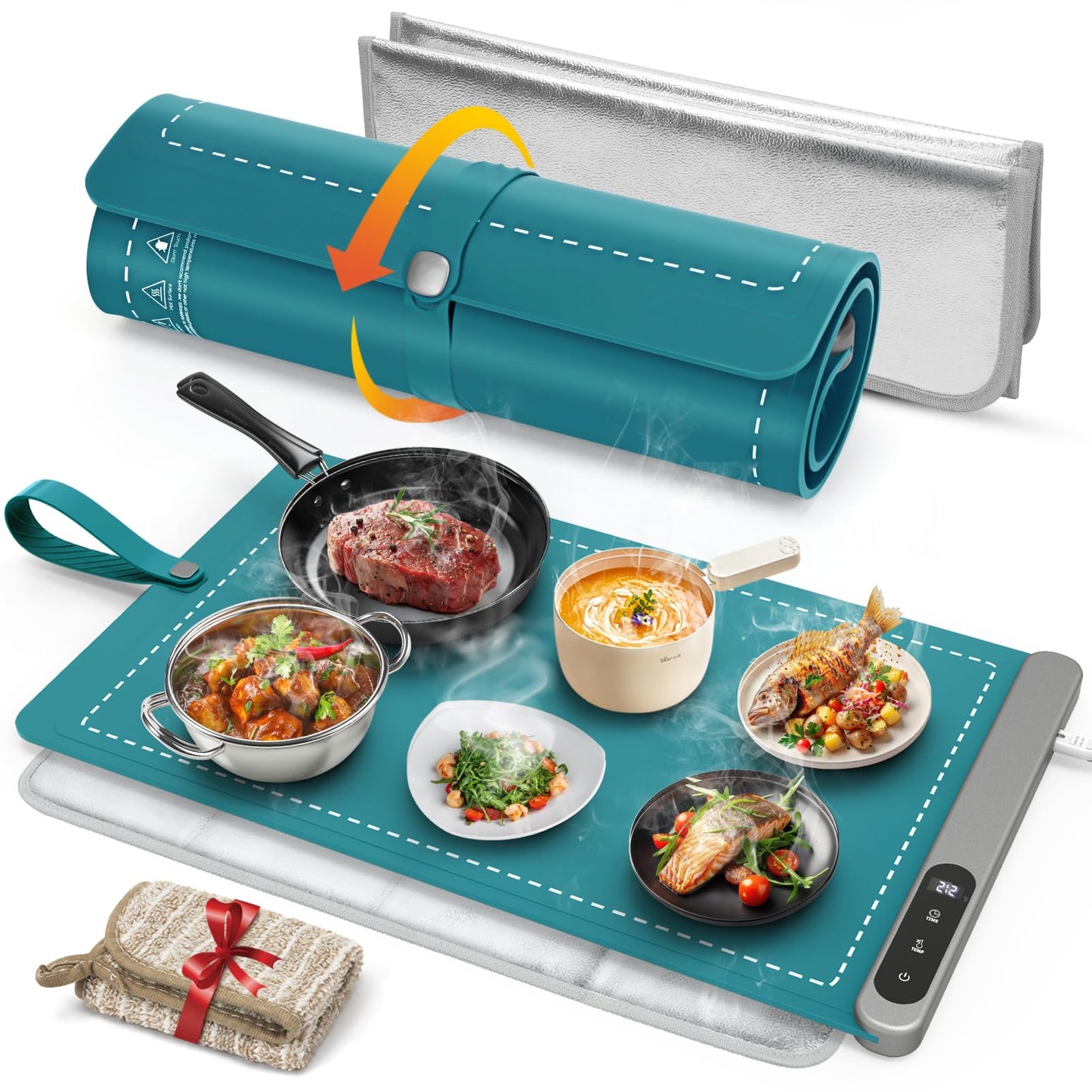 FYY Warming Mat for Food with Heat Resistant Pad, Prevent Countertop Cracks, Keep Meal Warm, Rapid and Full Surface Heating, 6 Temp Settings, 6H Timer, Rollable Portable Food Warmer Mat Dark Green