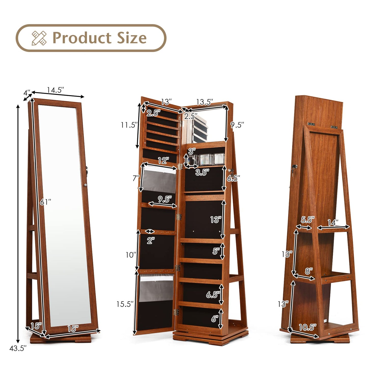Byroce 360° Rotating Jewelry Organizer, Full Length Mirror with Storage, Lockable Jewelry Cabinet with Inside Makeup Mirror & 3-Tier Rear Shelves, Standing Jewelry Armoire (Walnut)