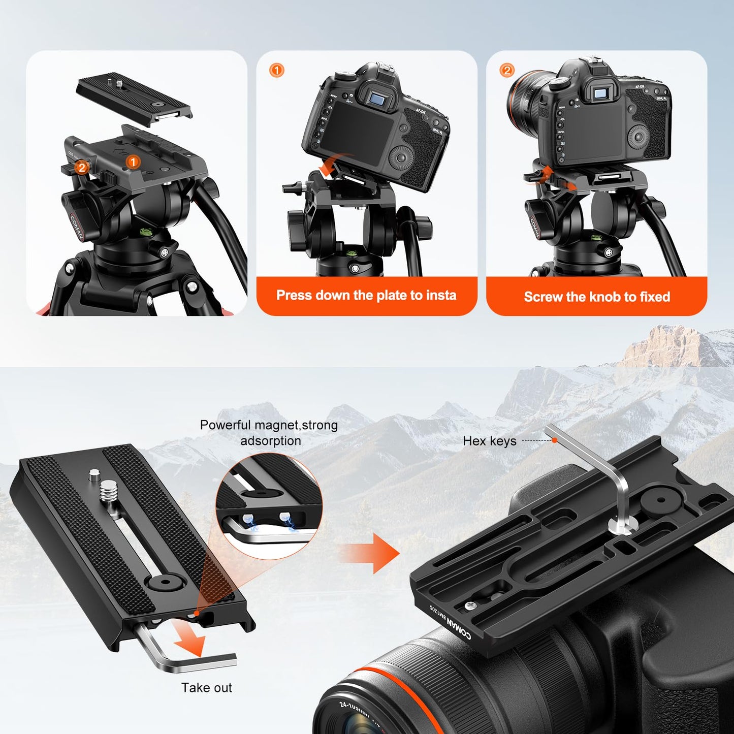 COMAN 74.4" Video Tripod, Heavy Duty Camera Tripod with Fluid Head and Aluminium Alloy Max Load 17.6 lbs/ 8KG for Canon Nikon DSLR Camcorder, DF16LS