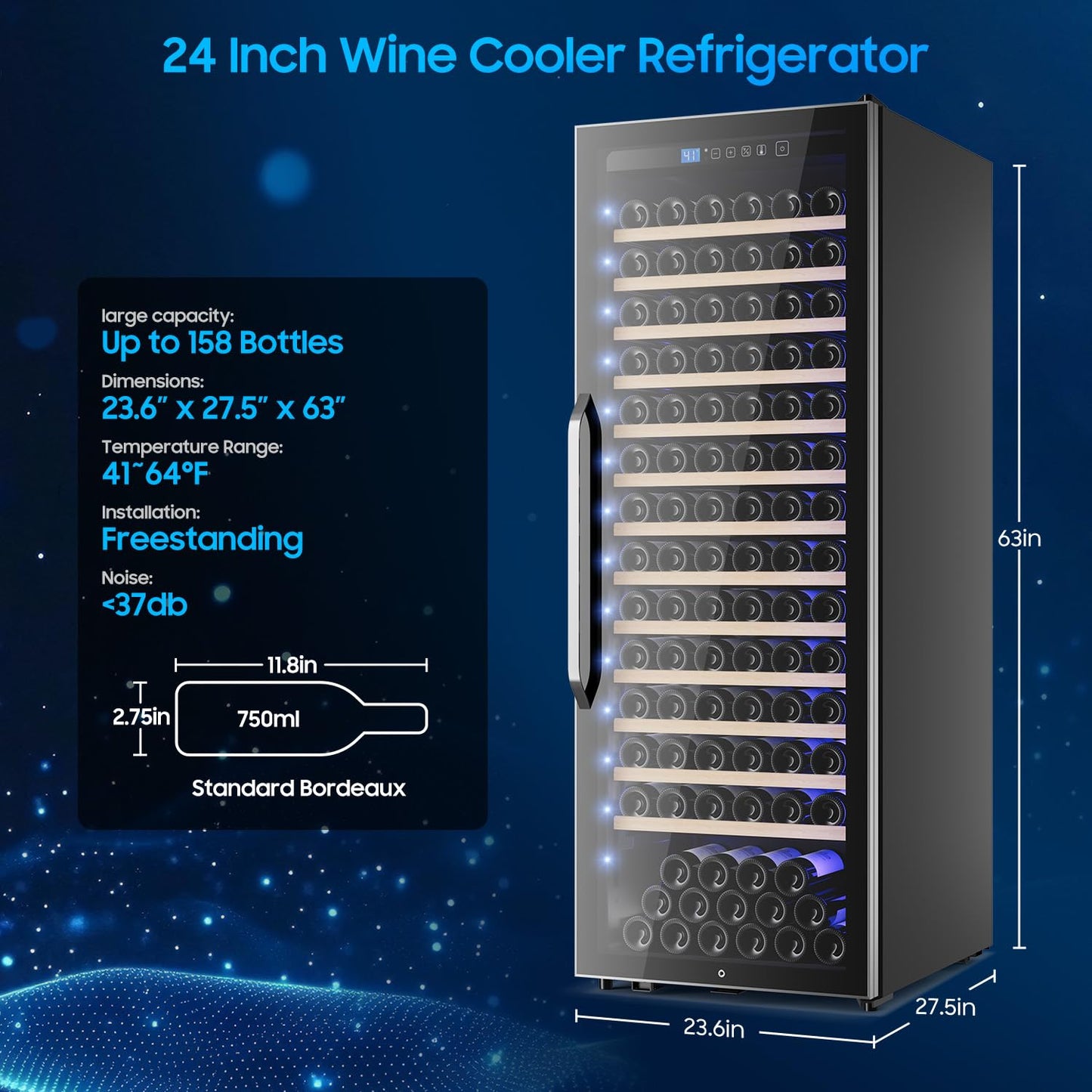 EORICE 158 Bottle Wine Cooler Refrigerator, 24 Inch Freestanding Wine Fridge with Professional Compressor, Fast Cooling Intelligent Memory, Sliding Rail Shelves Reversible Door Low Noise Cellar