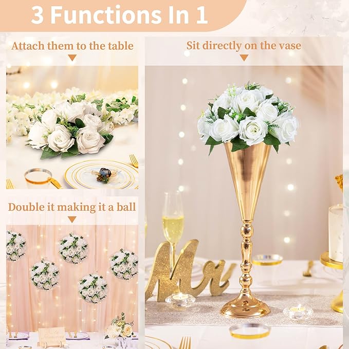 NUPTIO White Flower Centerpieces for Tables: Artificial Flower Ball Arrangement for Wedding Party - 2 Pcs 9.5 Inch Diameter Fake Floral Rose for Bridal Shower Decorations
