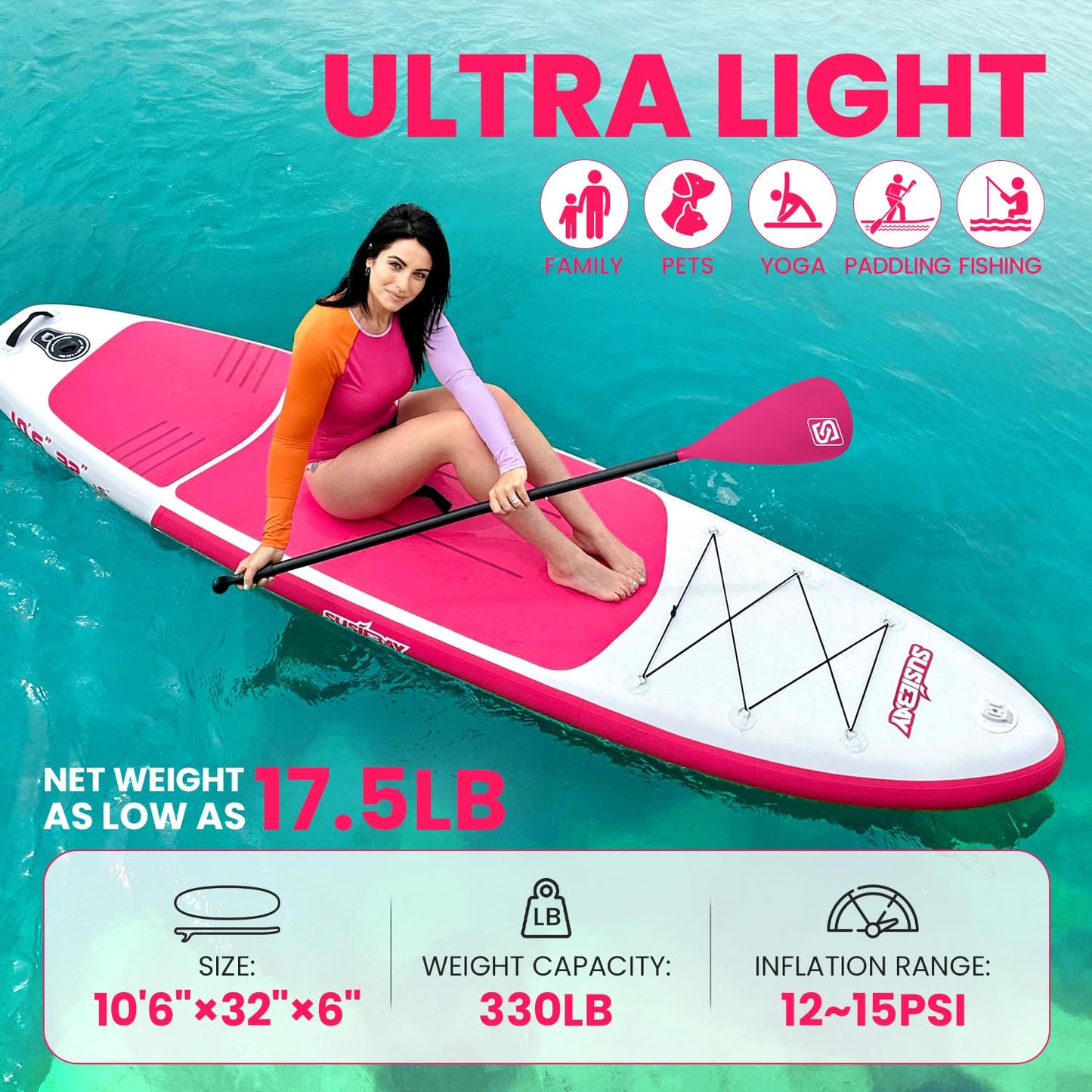 SUSIEBAY Inflatable Stand Up Paddle Board, Pink Paddle Board for Adult & Youth with sup Accessories, Wide Stance for All Levels, Traveling Board, SUP Board,Non-Slip Deck, Double Action Pump