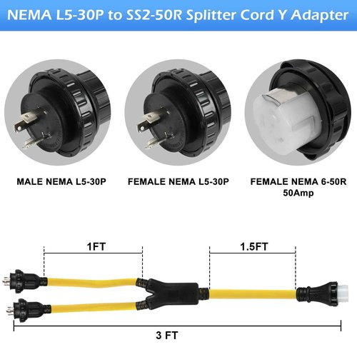 NEMA (2) L5-30P to SS2-50R Shore Power Splitter, ZDHQLHJ 30A L5-30P Male Plug to Marine 50A SS2-50R Female Connector with Locking Ring, RV Generator Marine Shore Power Cord Adapter