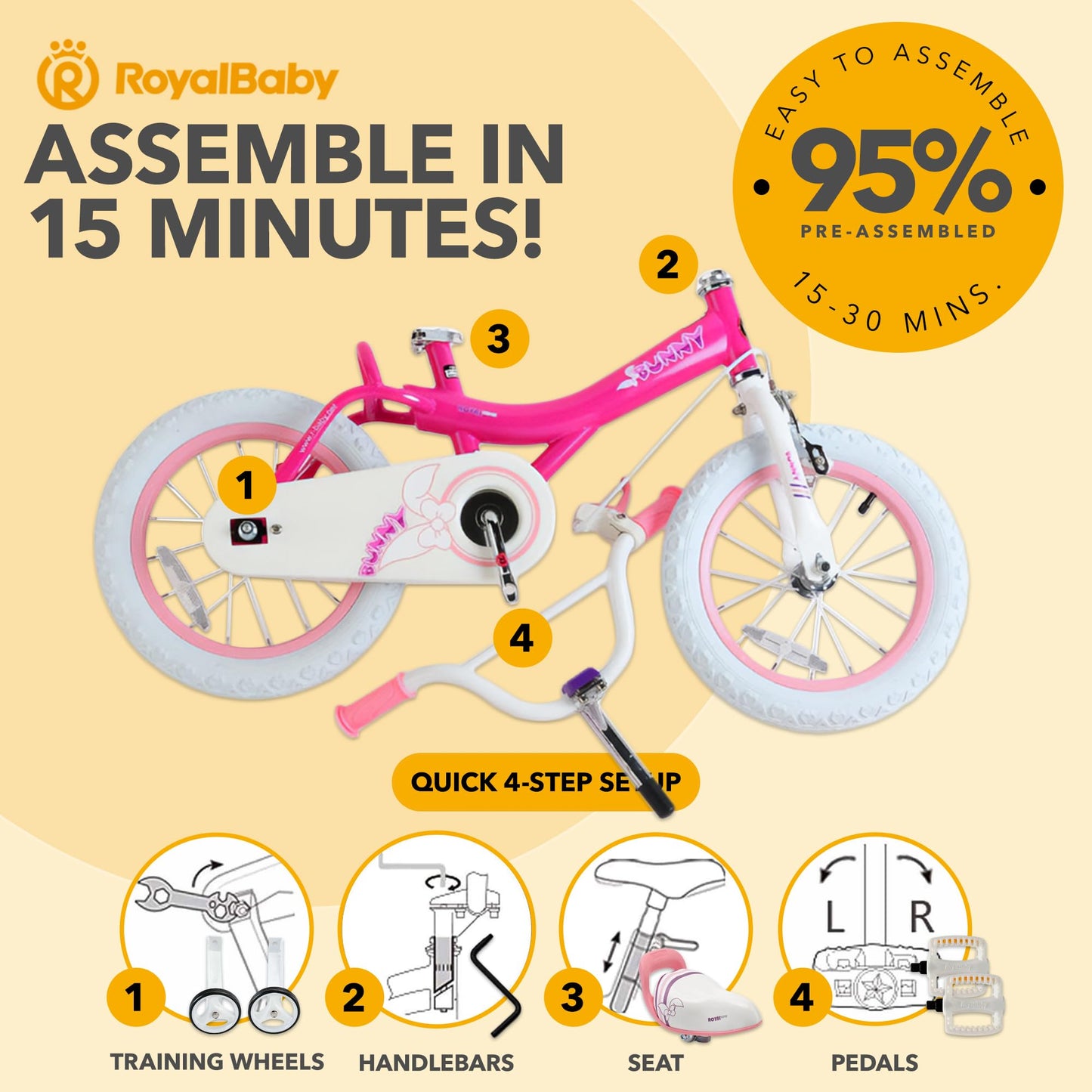 RoyalBaby Princess Girl Children's Bicycle Outdoor Ride-On Bike with Training Wheels, Adjustable Seat, and Basket, 12 Inch, Bunny/Fuchia