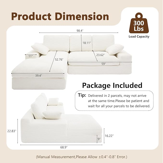 98.4" Cloud Modular Sectional Couch with Chaise,L-Shaped Modern Upholstered Sofa with Deep Seat,Corduroy Sectional Couches for Living Room and Bedroom,No Assembly Required(Beige)