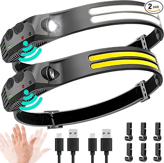 Beccason 2PCS LED Headlamp Rechargeable - 230° COB Super Bright Head Lights for Forehead, Hard hat Light for Adults, USB C...