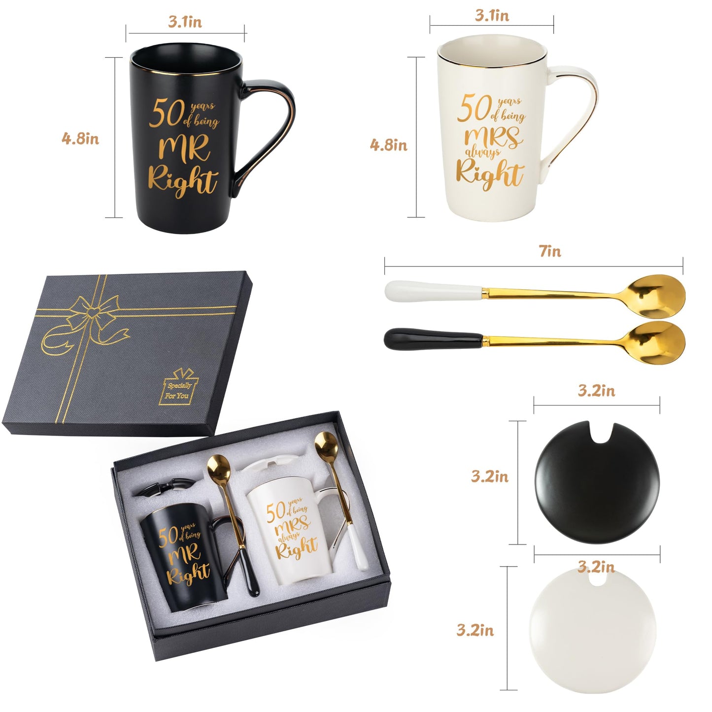 50th Wedding Gifts, 50th Anniversary Engagement Gift Ideas, 50 Years of Being Mr & Mrs Always Right Mug Set, Wedding Gifts Ideas for Couple Parents, 14 Oz with Lids and Gift Box
