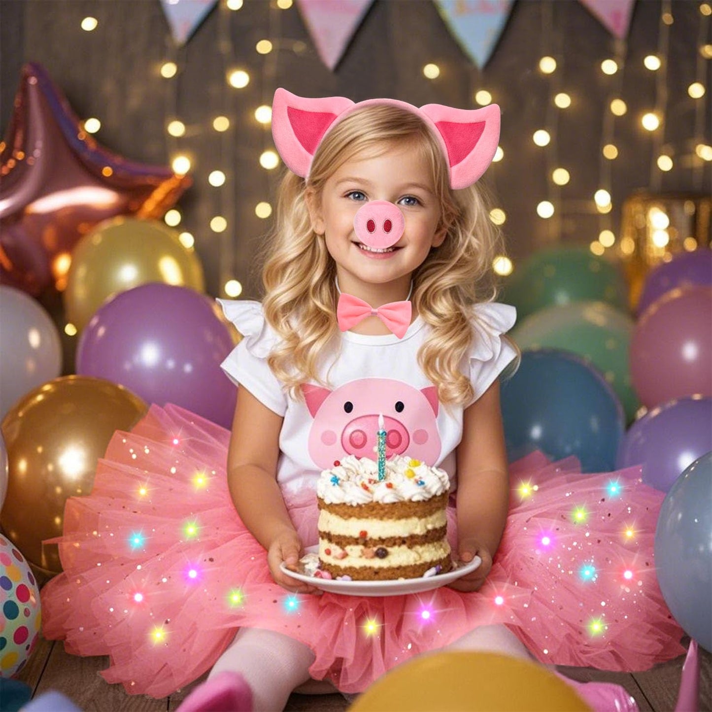 G.C Kids Light Up Pig Costume Girls Pig Ears Headband Nose Tail Bow Tie Tutu Skirt Accessories Animal Costumes Halloween Cosplay Birthday Gifts