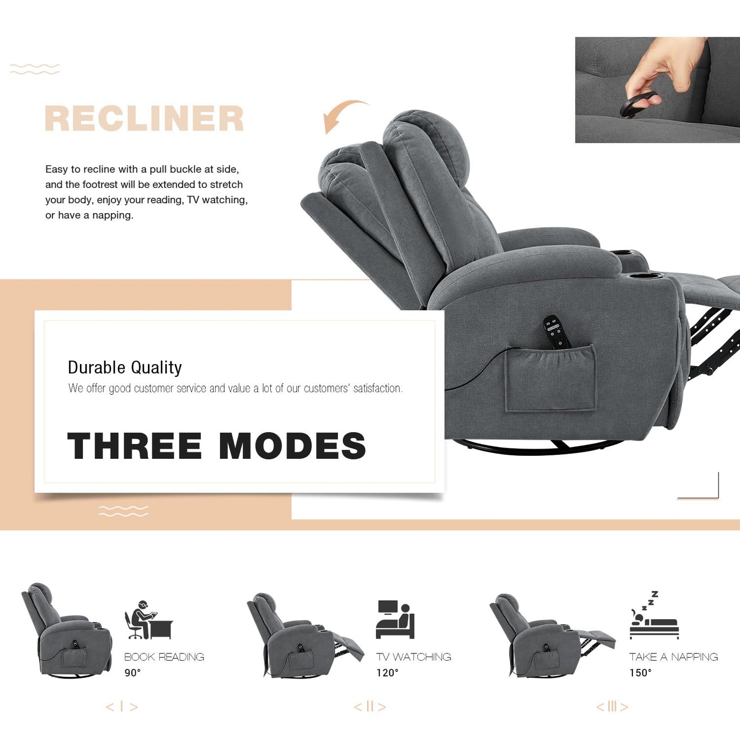 Flamaker Rocking Chair Recliner Chair with Massage Swivel Ergonomic Lounge Chair Classic Single Sofa with 2 Cup Holders Side Pockets Living Room Chair Home Theater Seat (Gray)