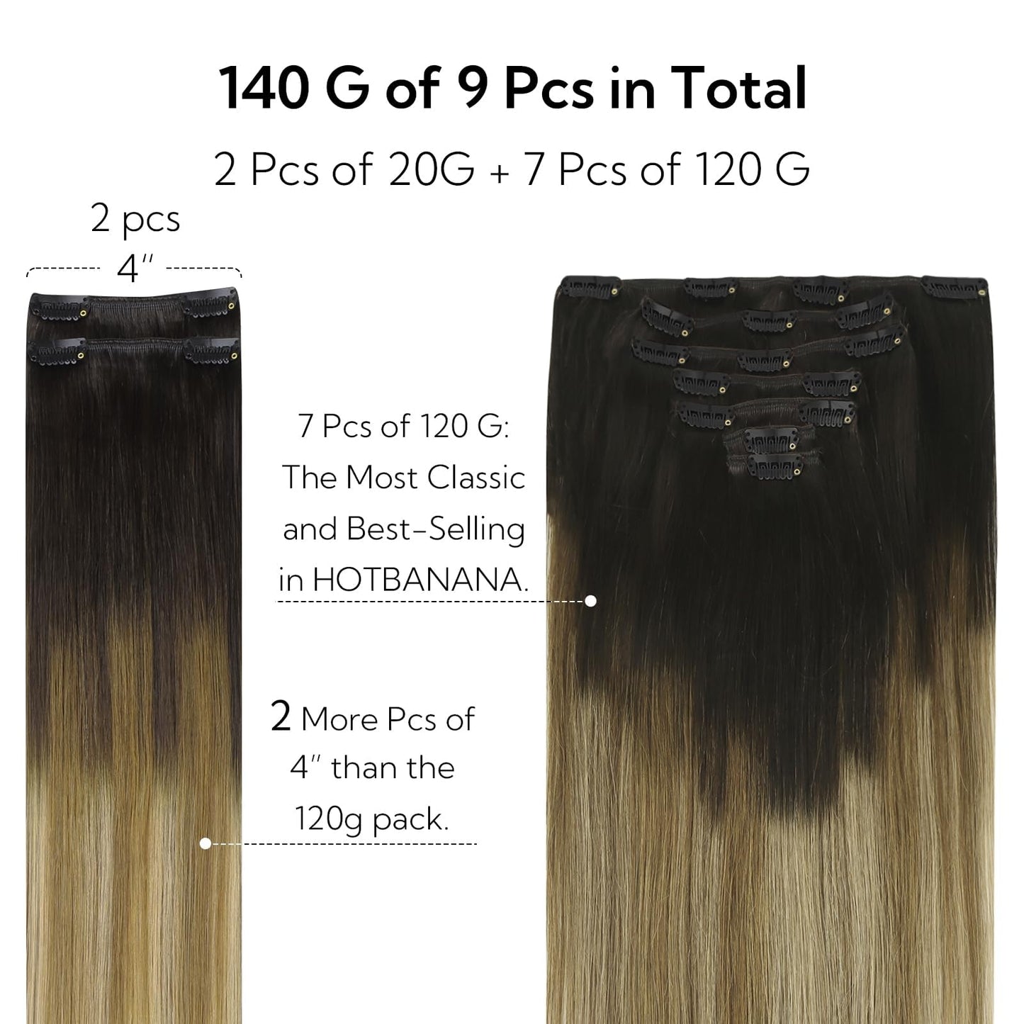 HOTBANANA Clip in Hair Extensions Real Human Hair, 150g 9pcs 24 inch Balayage Ombre Brown to Dirty Blonde Straight Remy Clip in
