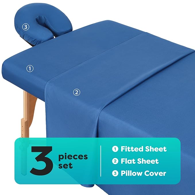 Comfyanno Massage Table Sheets Sets, 3 Pcs Professional Microfiber Massage Bed Cover Sheets, Soft, Light-Weight, Stain & Wrinkle Resistant, Includes Flat & Fitted Sheet, Face Cradle Cover - Dark Blue