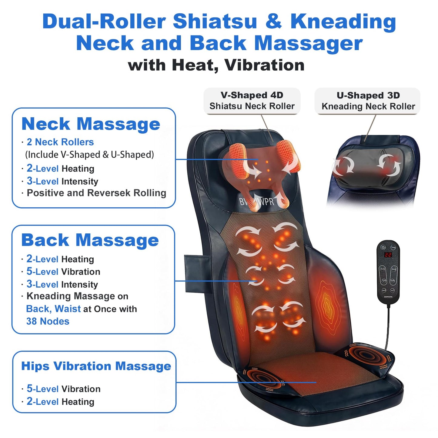 BWPIWPR Shiatsu Massage Cushion for Neck and Back with Heat - 4D Kneading, Vibration for Relief Muscle Tension, Dual-Neck Design, Adjustable Intensity and Height for Office Chair, Home Use, Navy Blue