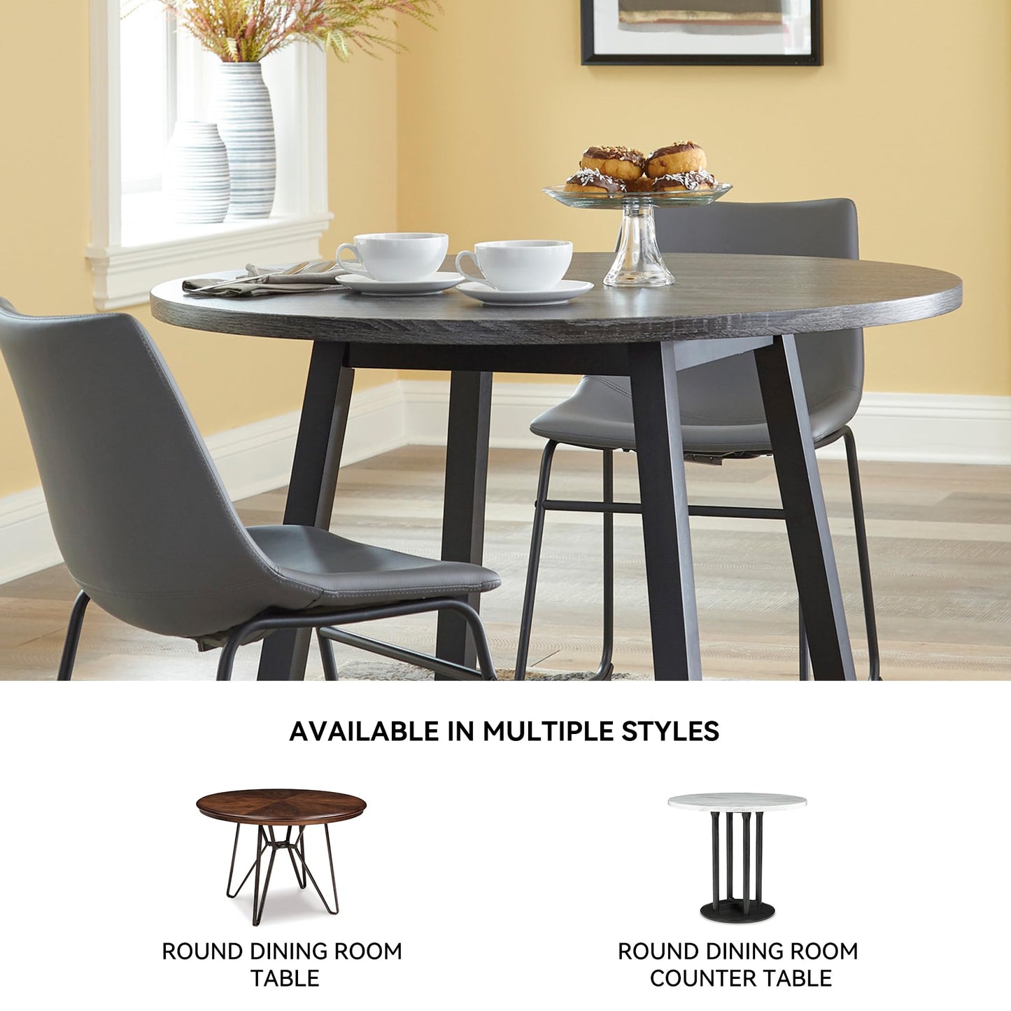 Signature Design by Ashley Centiar Mid Century Round Dining Room Table with Metal Legs, Gray & Black