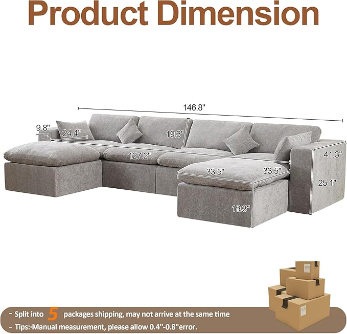 155''Cloud Boneless Sectional Couch, Modular Sectional Sofa Deep Seat with 2 Ottomans, Oversized Upholstered Convertible Comfy 6 Seater Chenille Sofa U Shape Couches for Living Room, Light Grey